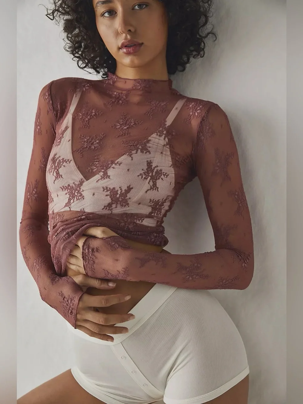 Free People Lady Lux Printed Layering Top Fawn Combo Long Sleeve Women Size S